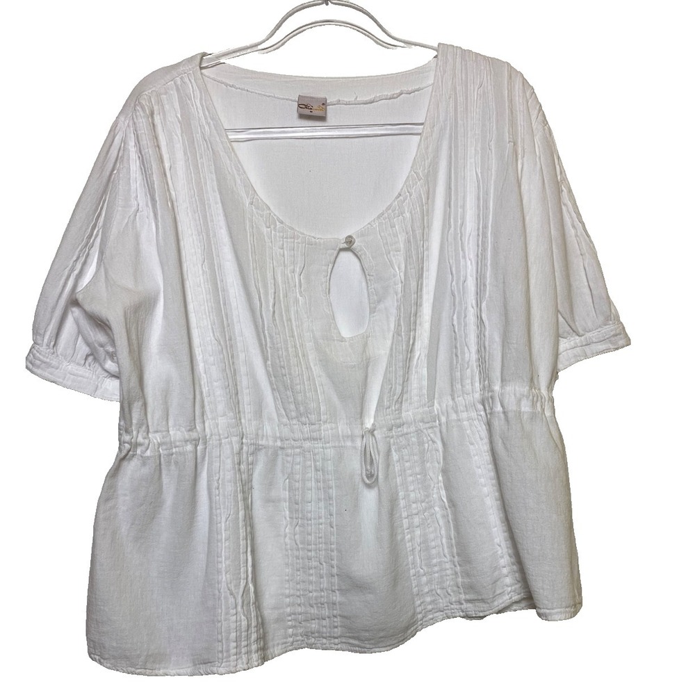 White Short-Sleeve Peplum Blouse Medium Cotton Casual Top‎ Boho Summer Shirt Y2K